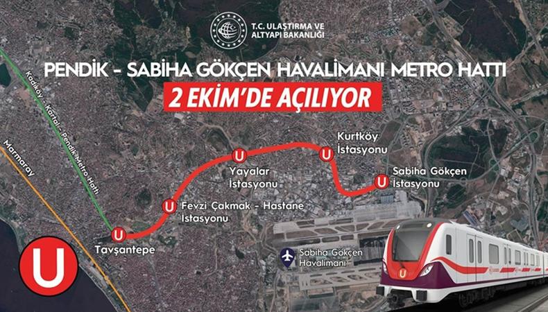 Pendik-Sabiha Gökçen Havalimanı Metro Hattı 2 Ekim Pazar günü hizmete açılıyor